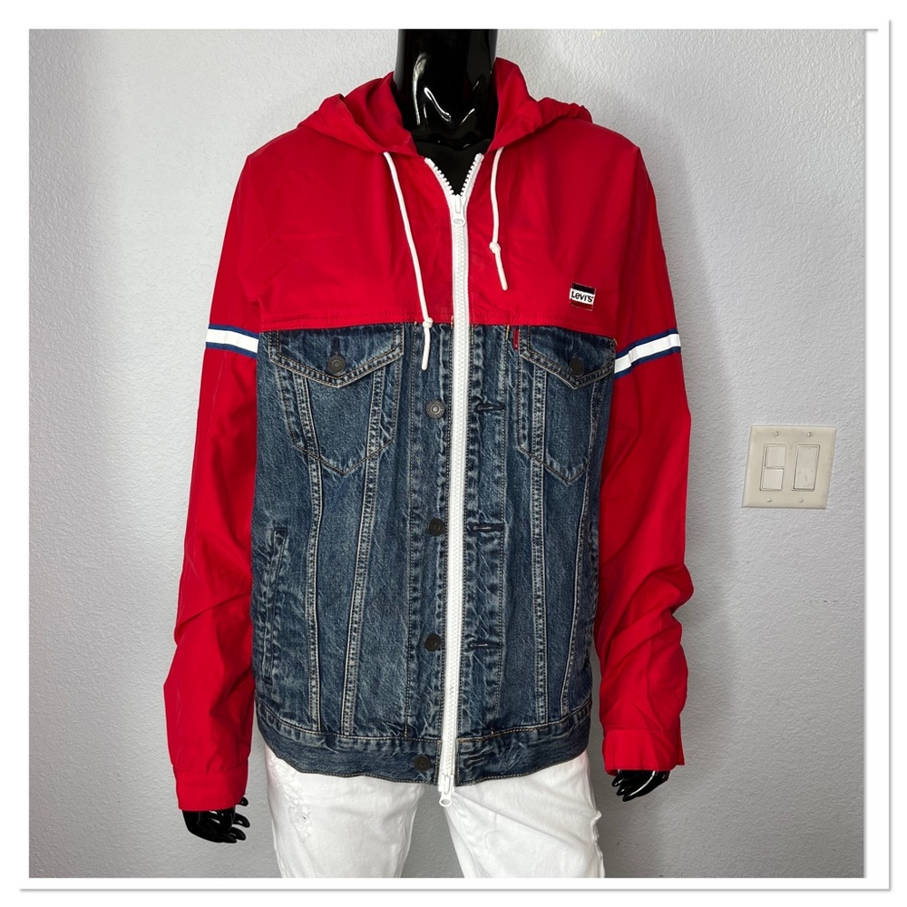 LEVI'S UNBASIC TRUCKER PARKA
JACKET SZ M RED & BLUE COTTON BLEND
